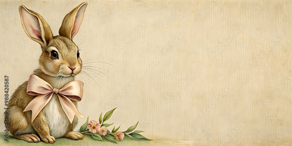 Obraz premium Vintage drawing of Easter rabbit with bow, Easter, rabbit, bunny, vintage, drawing, style, holiday, celebration, cute