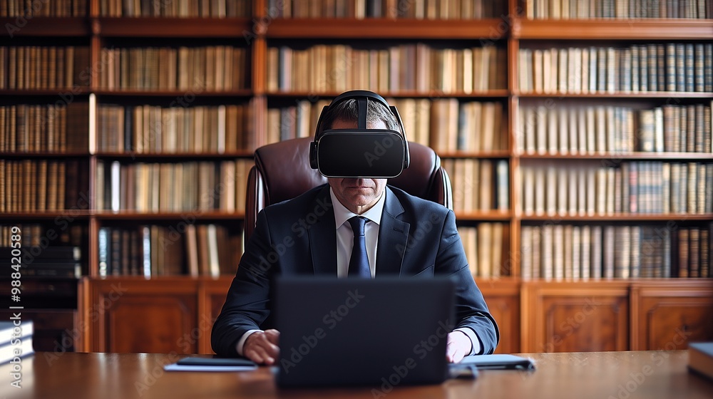 A man in a suit is sitting at a desk in front of a computer with a virtual reality headset on. He is wearing a tie and he is working. The room is filled with books.Generative ai illustration. A man in a suit is sitting at a desk in front of a computer with a virtual reality headset on. He is wearing a tie and he is working. The room is filled with books.Generative ai illustration.