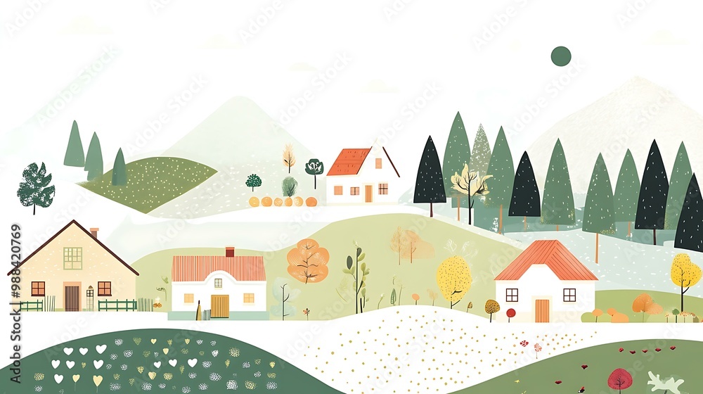 Illustrated Landscape With Houses and Trees