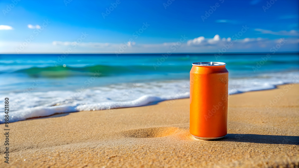 Orange soda can standing on sandy beach with blue ocean in background , summer, refreshing, drink, beverage, tropical, vacation Orange soda can standing on sandy beach with blue ocean in background , summer, refreshing, drink, beverage, tropical, vacation