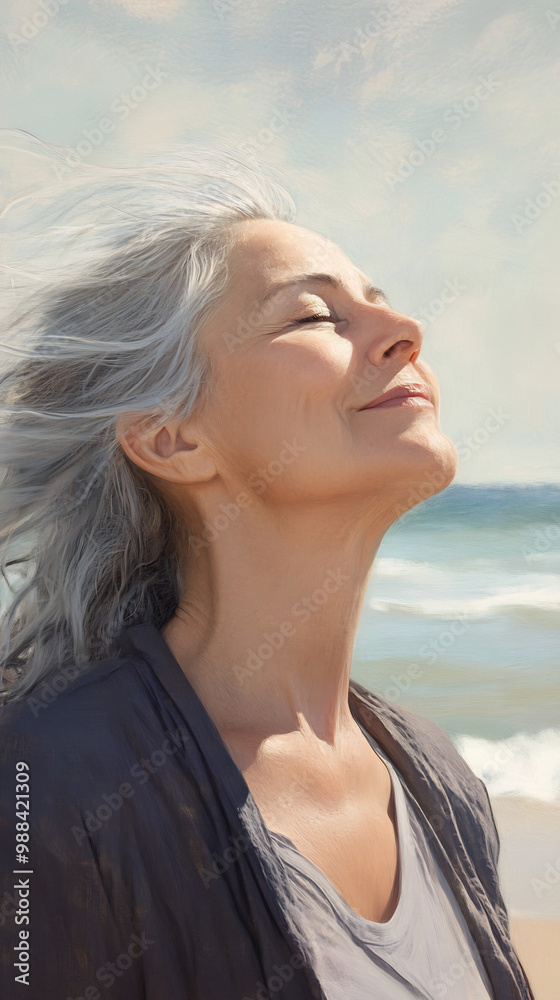 Middle-Aged Woman Watching the Ocean Waves Middle-Aged Woman Watching the Ocean Waves