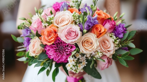 Colorful bouquet of roses and flowers held by a person, blurred background.