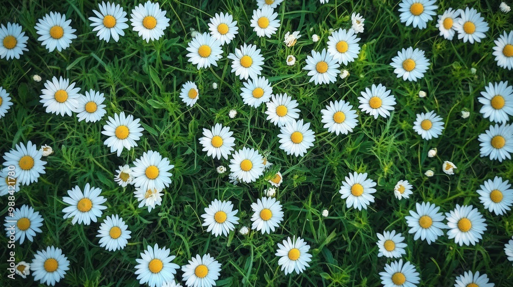 A group of daisies growing in the green grass, top view. A group of daisies growing in the green grass, top view.