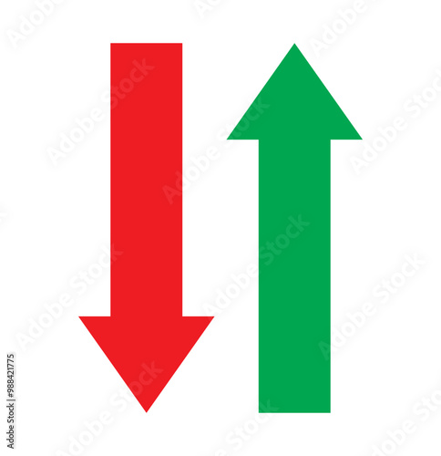 Simple up and down arrows. Upward, downward arrows in green and red. Up and Down sign with green and red arrows vector illustration. Concept of sales bar chart symbol icon with arrow moving down and 