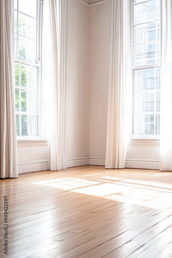 Bright and airy empty room with large windows and wooden floor in a modern building during daylight hours