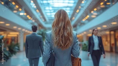 rear view of group of business people walking in an office building talking
