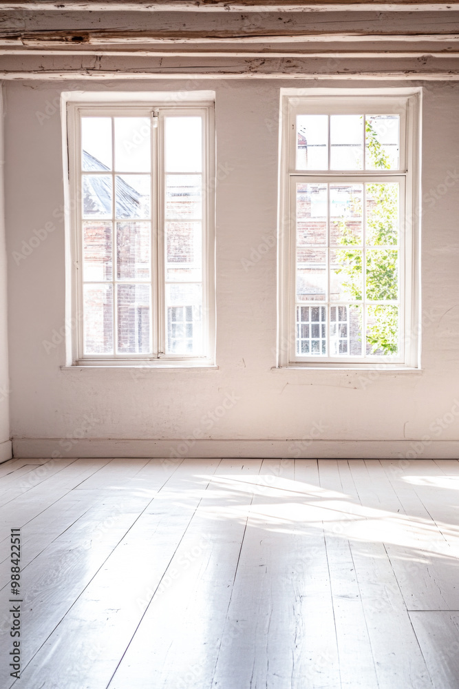 Fototapeta premium Bright and airy empty room with natural light streaming through large windows in a historic building