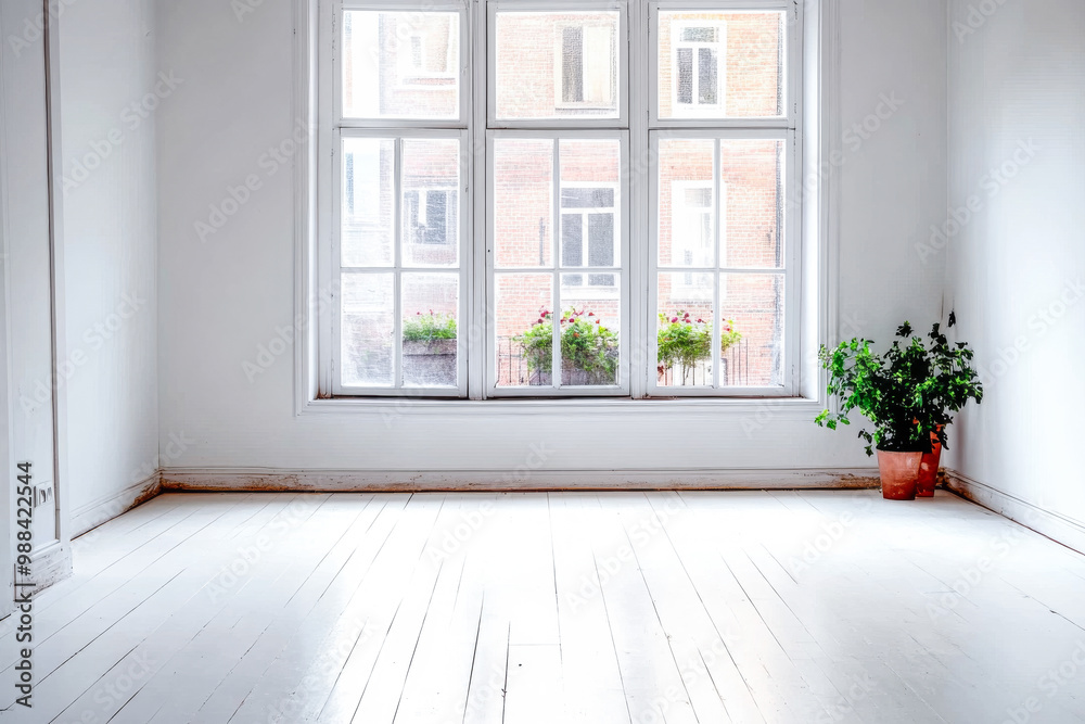 Fototapeta premium Bright and airy empty room with large windows and a potted plant, inviting natural light and charm in a minimalist style