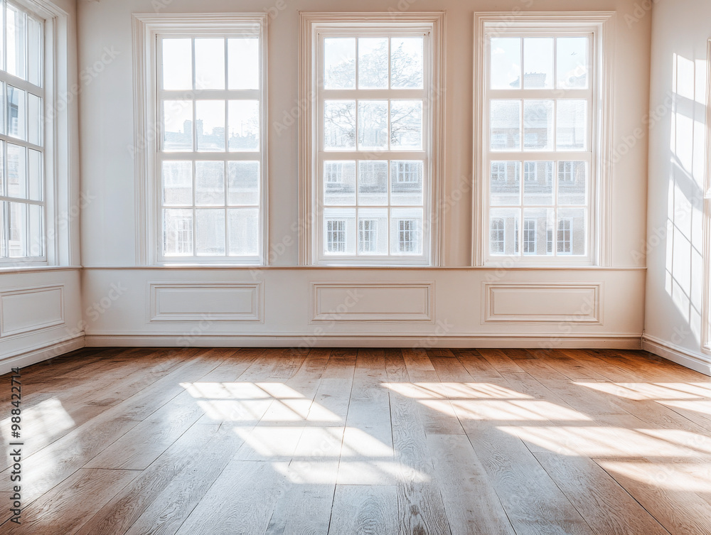 Fototapeta premium Bright and airy empty room with wooden flooring and large windows inviting natural light in during the daytime
