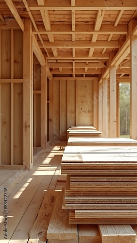 Wooden construction materials inside building framework