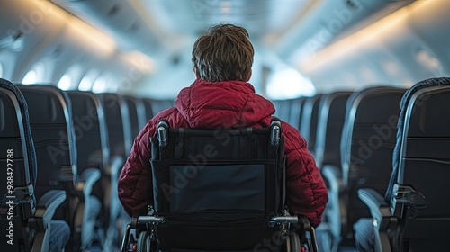 rear view of man on special wheelchair for transport in the airplane concept of traveling with special needs