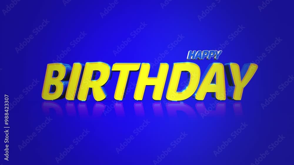 A vibrant birthday card with floating, reflective yellow letters spelling Happy Birthday against a blue background, creating a joyful and celebratory atmosphere A vibrant birthday card with floating, reflective yellow letters spelling Happy Birthday against a blue background, creating a joyful and celebratory atmosphere
