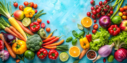 Fototapeta Naklejka Na Ścianę i Meble -  Vibrant flat lay composition of fresh organic fruits and vegetables on a light blue background, harvest, organic