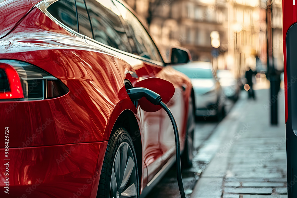 Red Electric Car Charging on the Street Photo