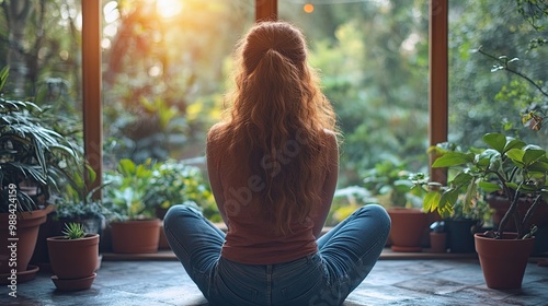 rear view of young woman sitting by patio door at home copy space Free Download rear view of young woman sitting by patio door at home copy space - GFXLoad