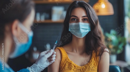 Health care, corona virus, hand of woman nurse, doctor giving syringe vaccine, injection dose on arm sick patient at clinic. Vaccination, immunization disease prevention against flu pandemic influenza