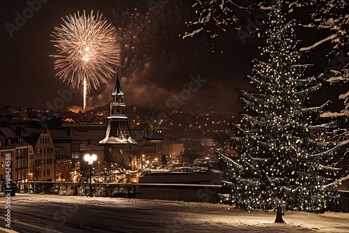 firework on the night sky from city garden with tree