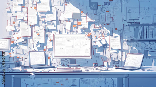 An organized desk with neatly arranged tools, documents, and a computer. Efficient work habits, productivity, workspace setup, office organization concept.