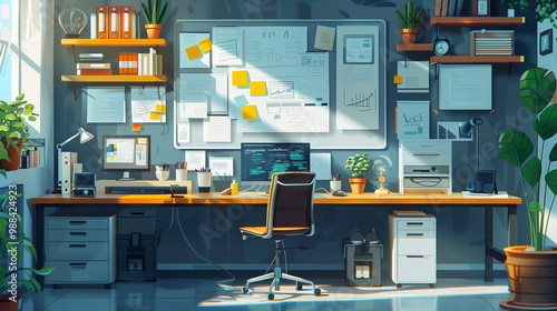 Modern home office or working place with a laptop, documents, and various gadgets. Productive and efficient freelance work environment. Remote work, freelancing, home office organization concept.