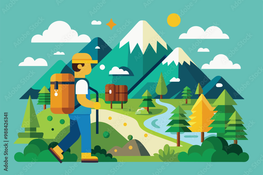 A hiker strolls along a peaceful trail, surrounded by vibrant mountains, flowing river, and lush greenery under a clear blue sky.