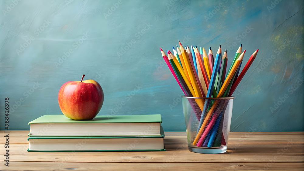 Books and apple next to colorful pencils in vase, education, school supplies, creativity, learning, reading Books and apple next to colorful pencils in vase, education, school supplies, creativity, learning, reading