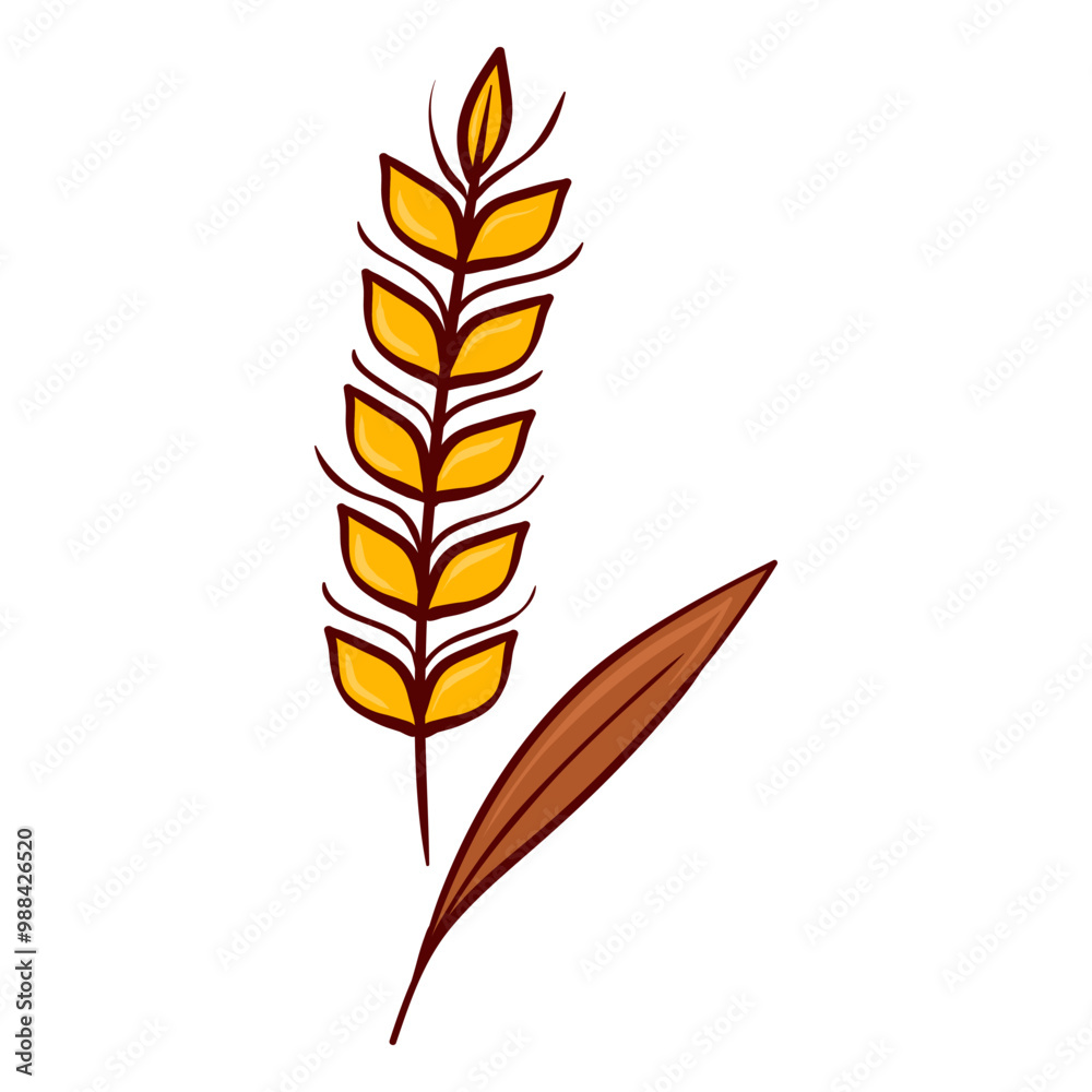 Golden wheat stalk. Yellow grains, brown stem, single brown leaf. Rye, flour, bakery, crops, harvest, farming, agriculture, food production, grain plant, organic, natural, autumn. Vector Golden wheat stalk. Yellow grains, brown stem, single brown leaf. Rye, flour, bakery, crops, harvest, farming, agriculture, food production, grain plant, organic, natural, autumn. Vector