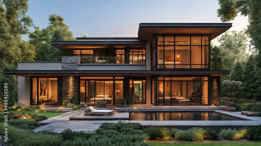 Modern house with large windows and pool surrounded by greenery. Modern house with large windows and pool surrounded by greenery.