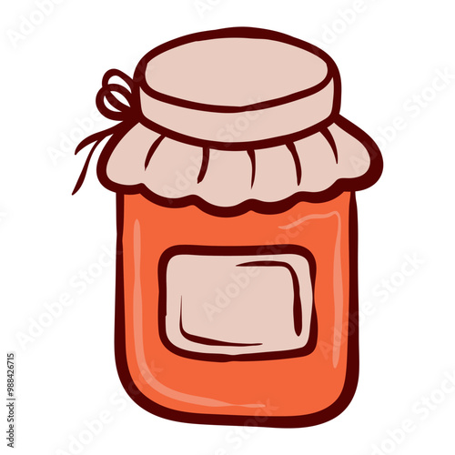 Jar. Glass jar with fabric cover and label, symbolizing preserves, homemade jam, or food storage. Used for cooking, canning, or storing food.
