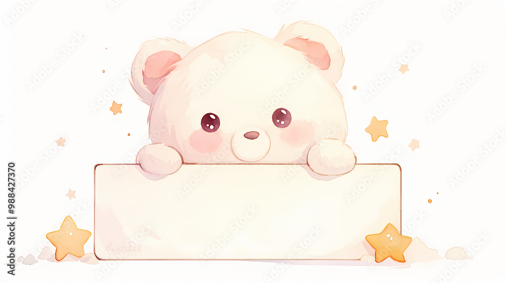 Adorable cartoon bear holding a blank sign with stars around it.