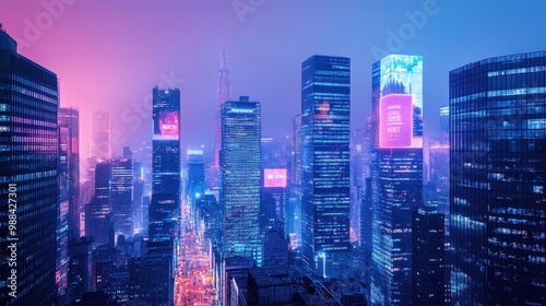 Vibrant Cityscape at Night with Skyscrapers and Glowing Lights