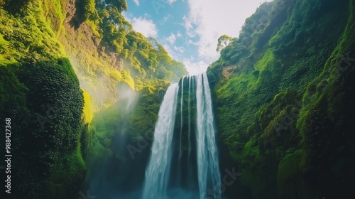 Beautiful waterfalls in sunny day,Bottom view Madakaripura Waterfall is the tallest waterfall in East Java, Indonesia