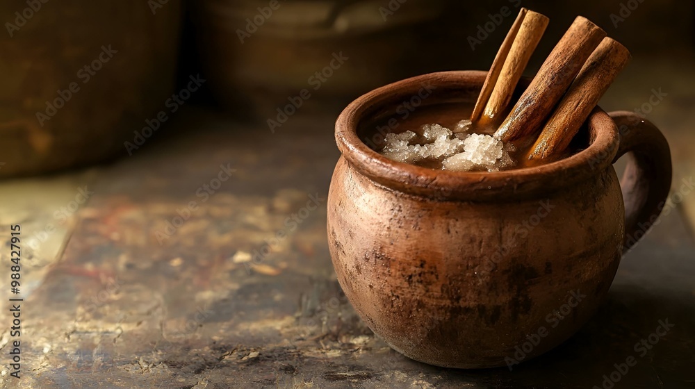 Warm Spiced Beverage in Rustic Clay Mug with Cinnamon Sticks on Aged Surface – Cozy Winter Drink Concept. Warm Spiced Beverage in Rustic Clay Mug with Cinnamon Sticks on Aged Surface – Cozy Winter Drink Concept.