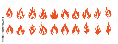 Fire symbols isolated icon flat set on white background. Blaze silhouette element
