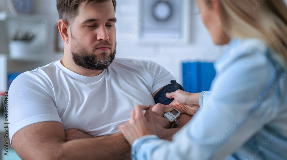 Doctor applying a continuous glucose monitor sensor on patient's arm. Obese, overweight man is at risk of developing type 2 diabetes. Concept of health risks of overwight and obes Doctor applying a continuous glucose monitor sensor on patient's arm. Obese, overweight man is at risk of developing type 2 diabetes. Concept of health risks of overwight and obes