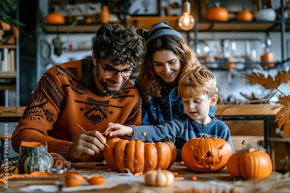 Family Posing with Pumpkins While Decorating for Halloween Festivities Family Posing with Pumpkins While Decorating for Halloween Festivities