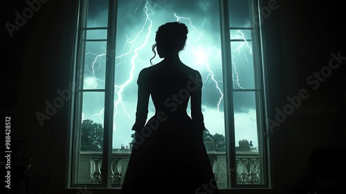 Gothic beauty standing in front of a grand window with a stormy sky outside, lightning illuminating her silhouette, conceptual and dramatic