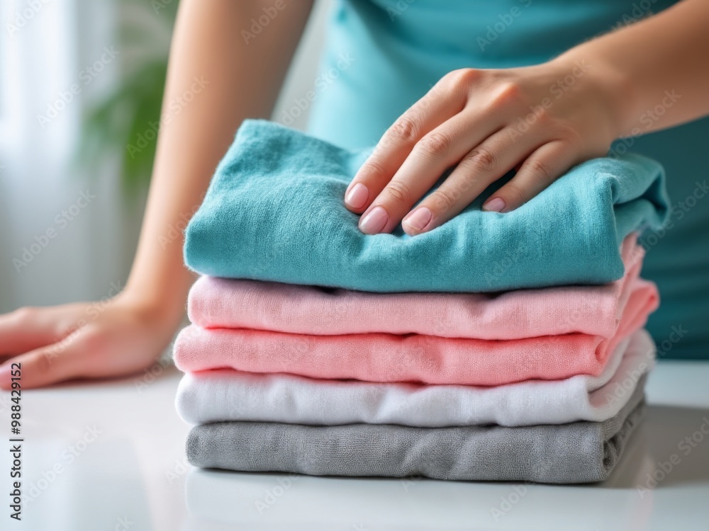Close-up of a hand neatly folding colorful clothes, stacking them in a pile, highlighting domestic chores, organization, and laundry care at home, with soft natural light in the background Close-up of a hand neatly folding colorful clothes, stacking them in a pile, highlighting domestic chores, organization, and laundry care at home, with soft natural light in the background
