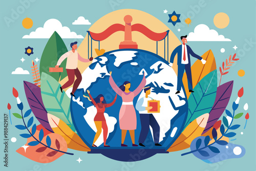 Diverse activists stand united on a globe, promoting human rights and justice through their passion and commitment to equality and freedom.