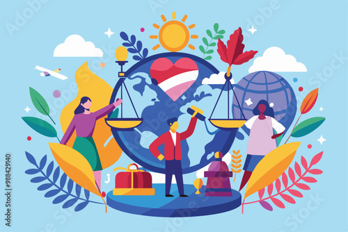Colorful artwork highlights people advocating for human rights, showcasing equality and justice with symbols of balance, nature, and global unity.