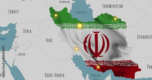 Map of Iran in the colors of national flag. The capital and major cities are marked.
