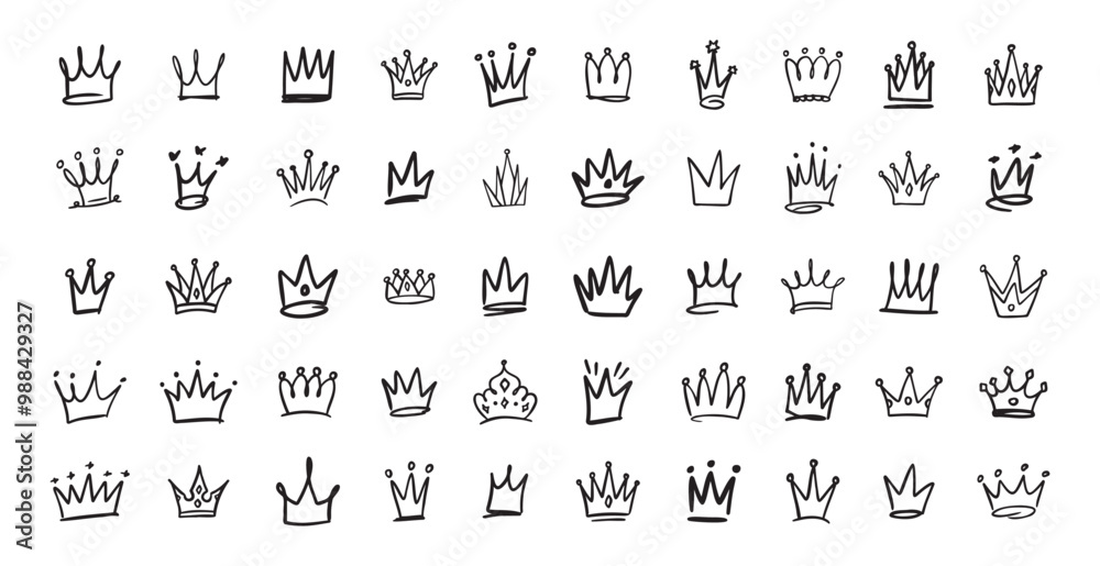 Hand drawn Crown vector set. Doodle collection. Drawing crowns. Royal head, Queen crown, King crown, various design.