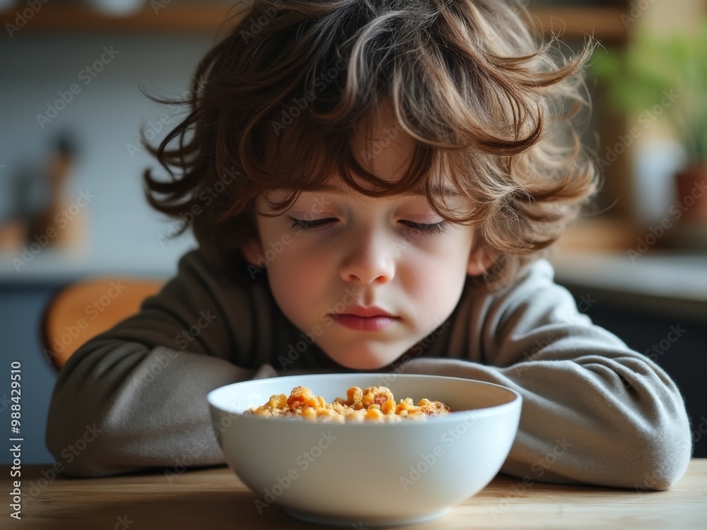 Young boy resting his head on the table while sitting in front of a bowl of cereal, capturing a quiet morning moment during breakfast in a cozy kitchen setting Young boy resting his head on the table while sitting in front of a bowl of cereal, capturing a quiet morning moment during breakfast in a cozy kitchen setting