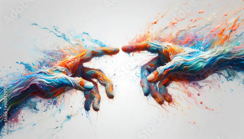  Two hands reaching out to each other with vibrant colors flowing between them, representing creativity, connection, and the spark of inspiration