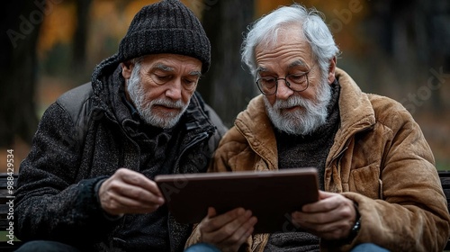senior father, his son sitting on bench in nature using tablet