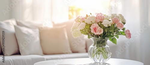 Elegant Floral Arrangement in Glass Vase on White Table in Sunlit Modern Living Room