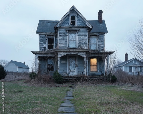 Old Victorian house with broken windows, overgrown garden, and a sense of decay, twilight setting, haunting yet beautiful in its abandonment photo