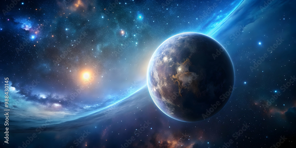 Obraz premium A mesmerizing stock photo of a planet surrounded by stars in the night sky, cosmos, universe, galaxy