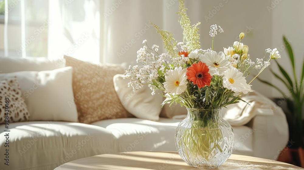 Bright and Airy Living Room with a Vase of Fresh Flowers on a Wooden Coffee Table