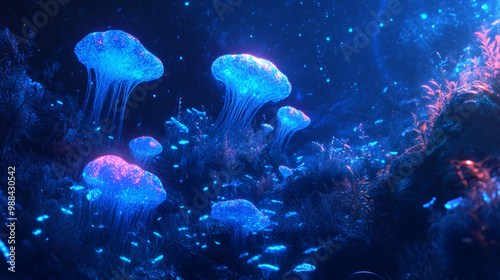 Describe a planet where the dominant life forms are bioluminescent plants that communicate through color changes. 