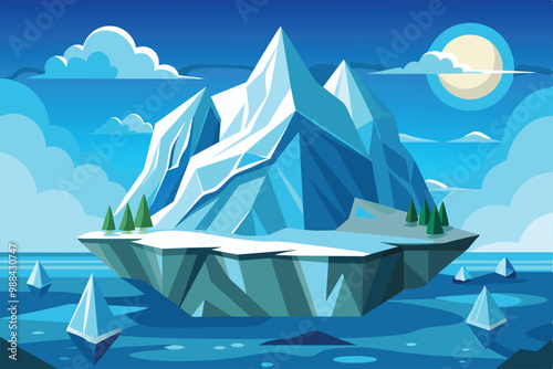 A vibrant iceberg floats in a serene ocean, highlighted by blue skies, fluffy clouds, and a shining sun, creating a tranquil yet eye-catching atmosphere.